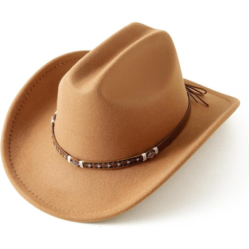 Womens Coffee Western Studded Leather Accent Band Classic Fedora Felt Cowboy Hat